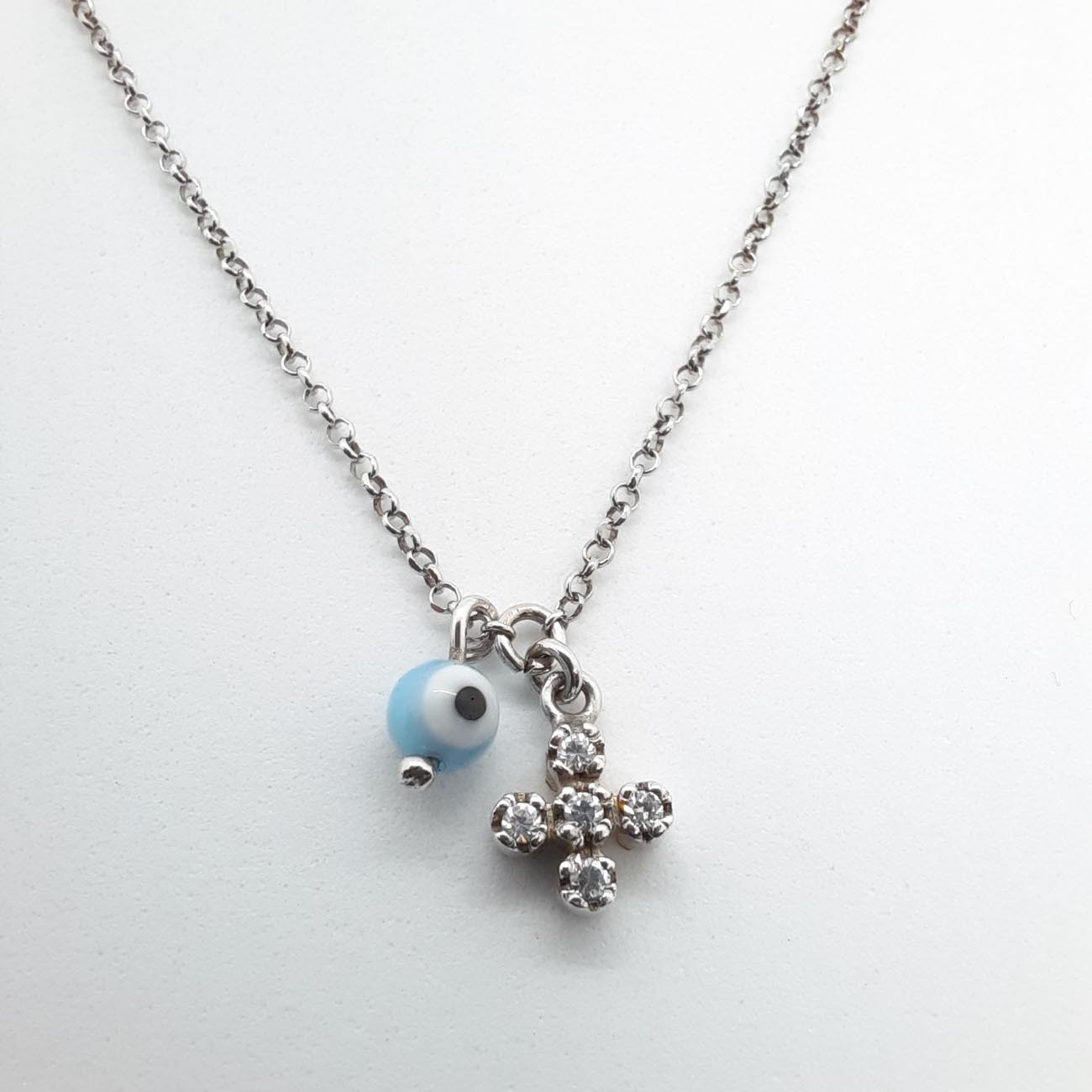 Ασημένιο κολιέ σταυρός και ματάκι