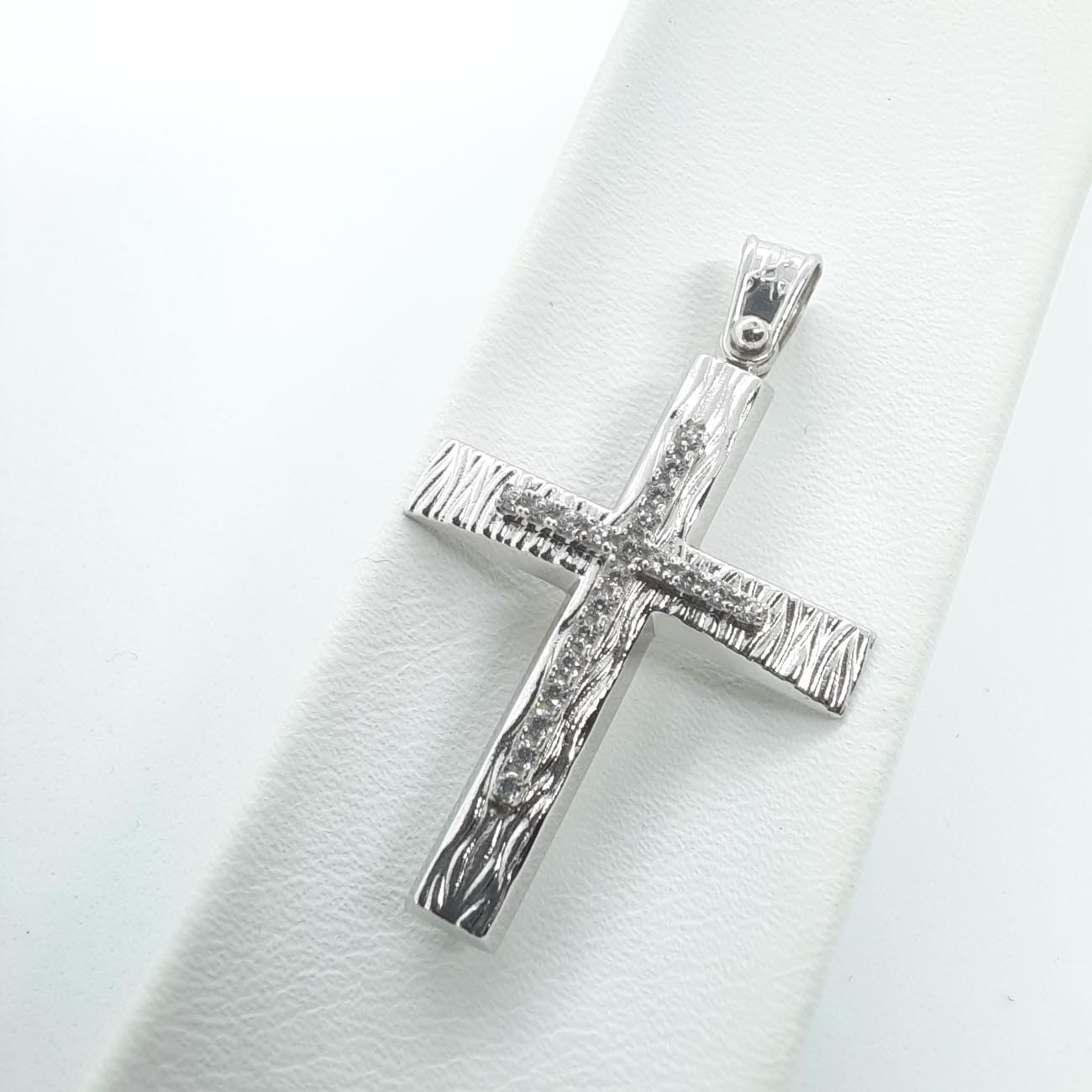 Λευκόχρυσος σταυρός Κ9 με ζιργκόν και χάραξη