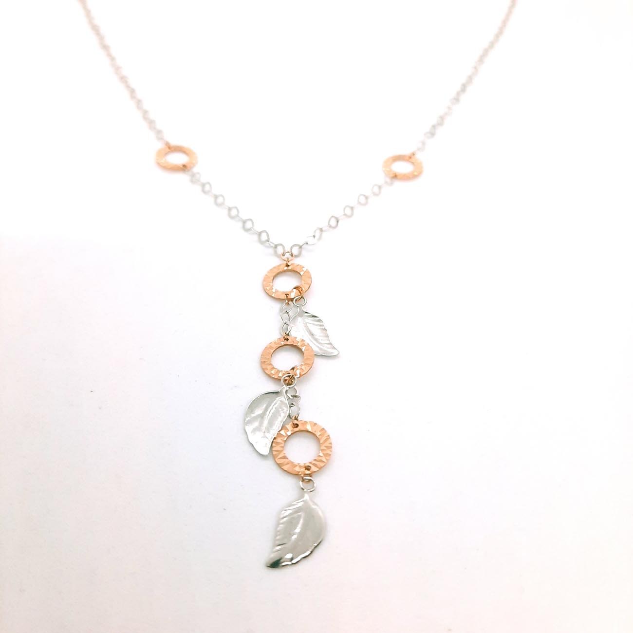 Κολιέ μακρύ- φυλλαράκια ροζ και λευκού χρυσού Κ14