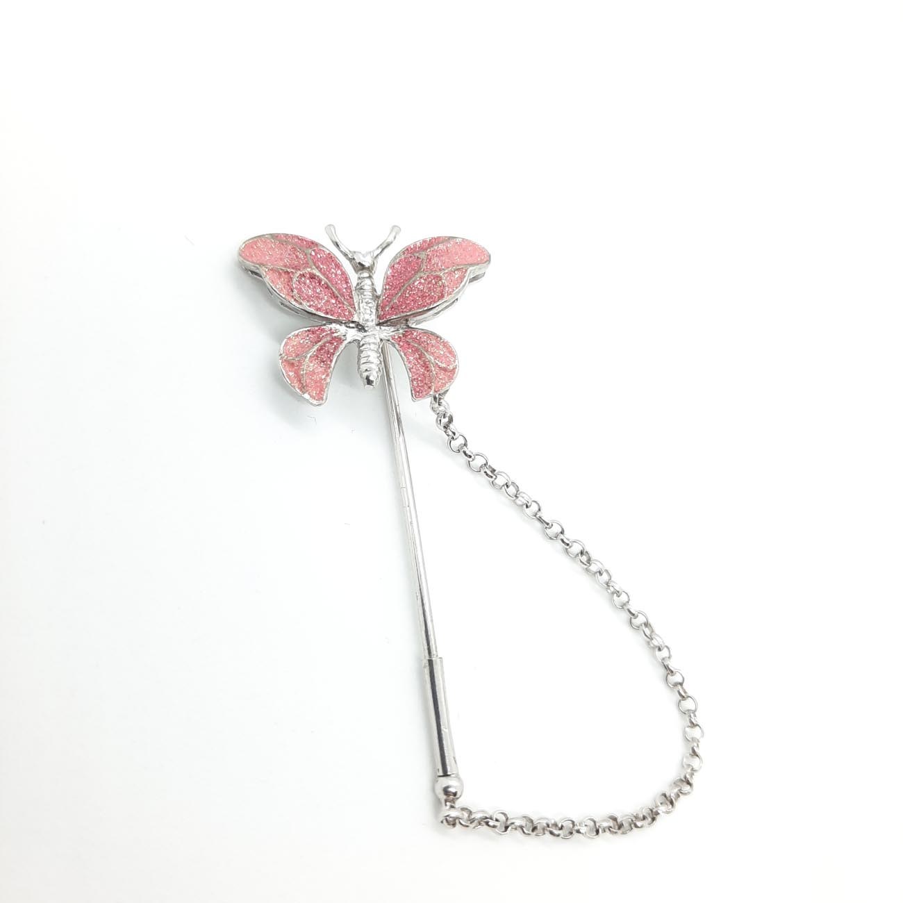 Ασημένια καρφίτσα πεταλούδα ροζ