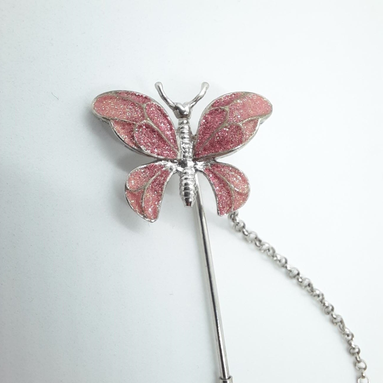 Ασημένια καρφίτσα πεταλούδα ροζ