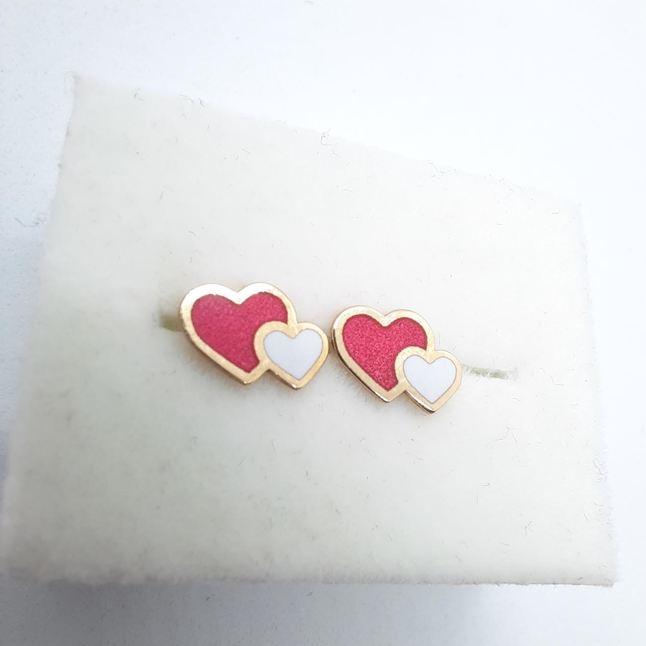 Σκουλαρίκια χρυσά καρδούλες magenta-λευκό