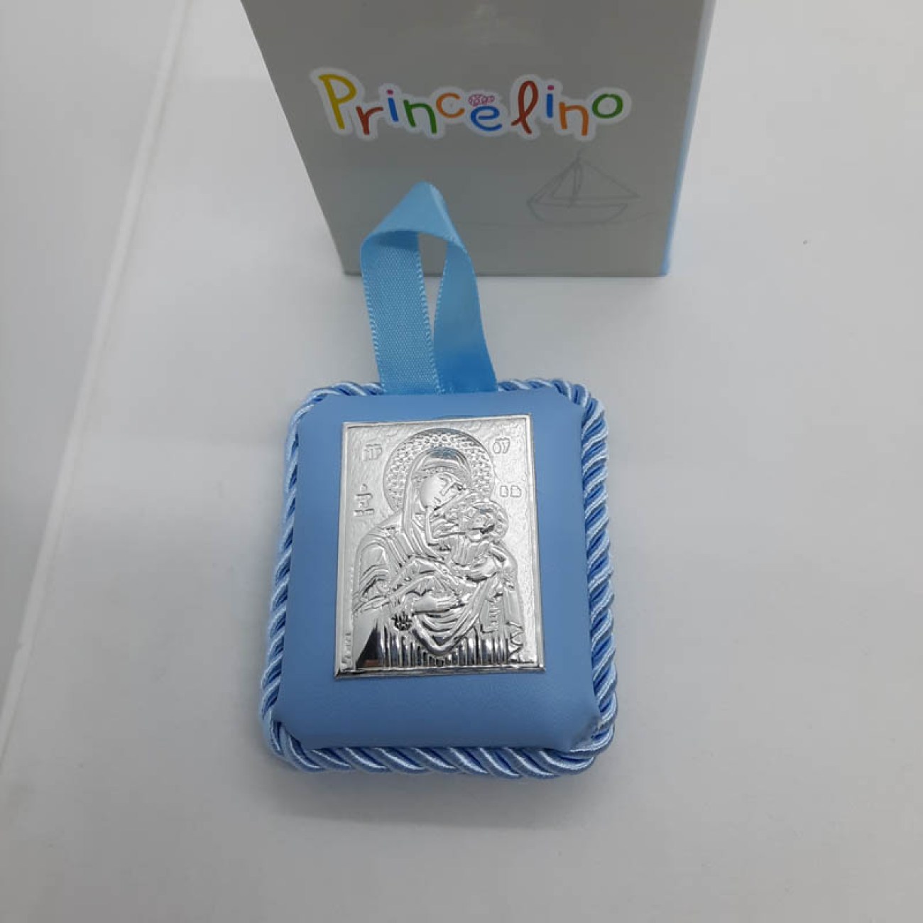 Ασημένια Παναγία κούνιας γαλάζια 