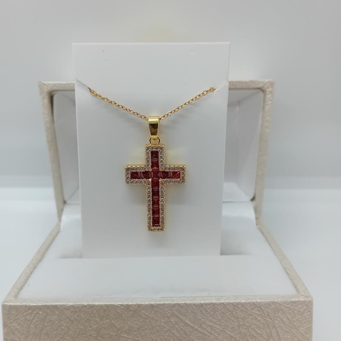 Σταυρός με αλυσίδα επίχρυσος κόκκινα ζιργκόν