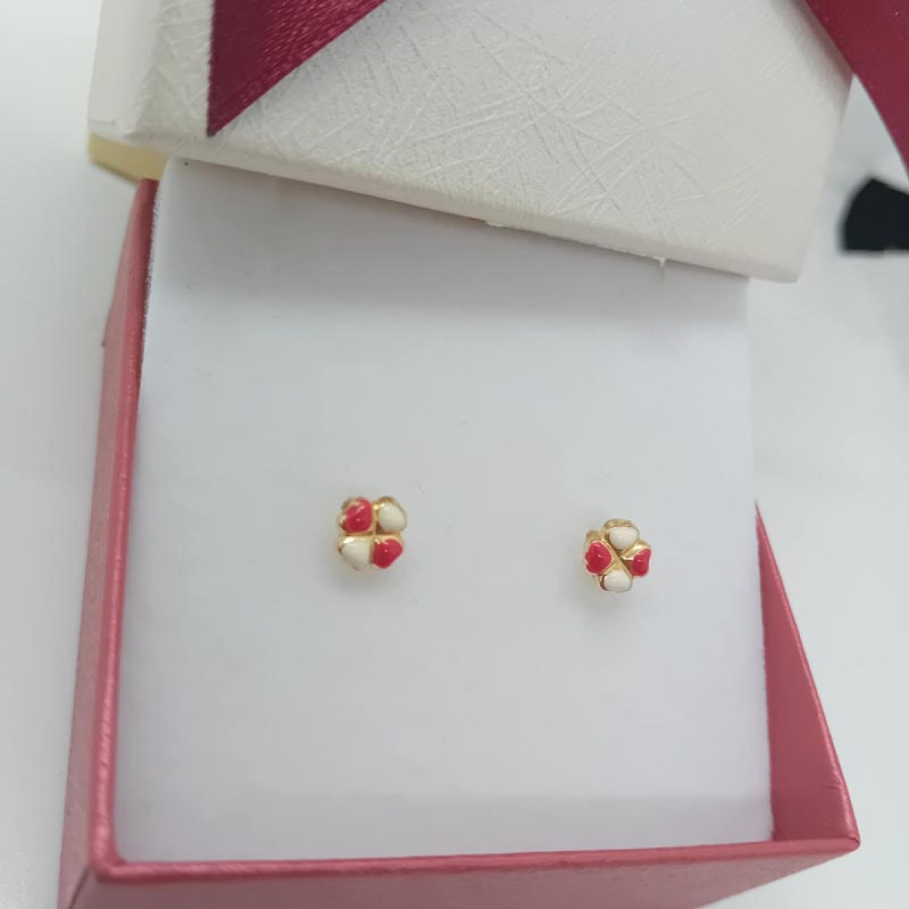 Χρυσά καρφωτά σκουλαρίκια παιδικά Κ14 τριφύλλι από καρδιές