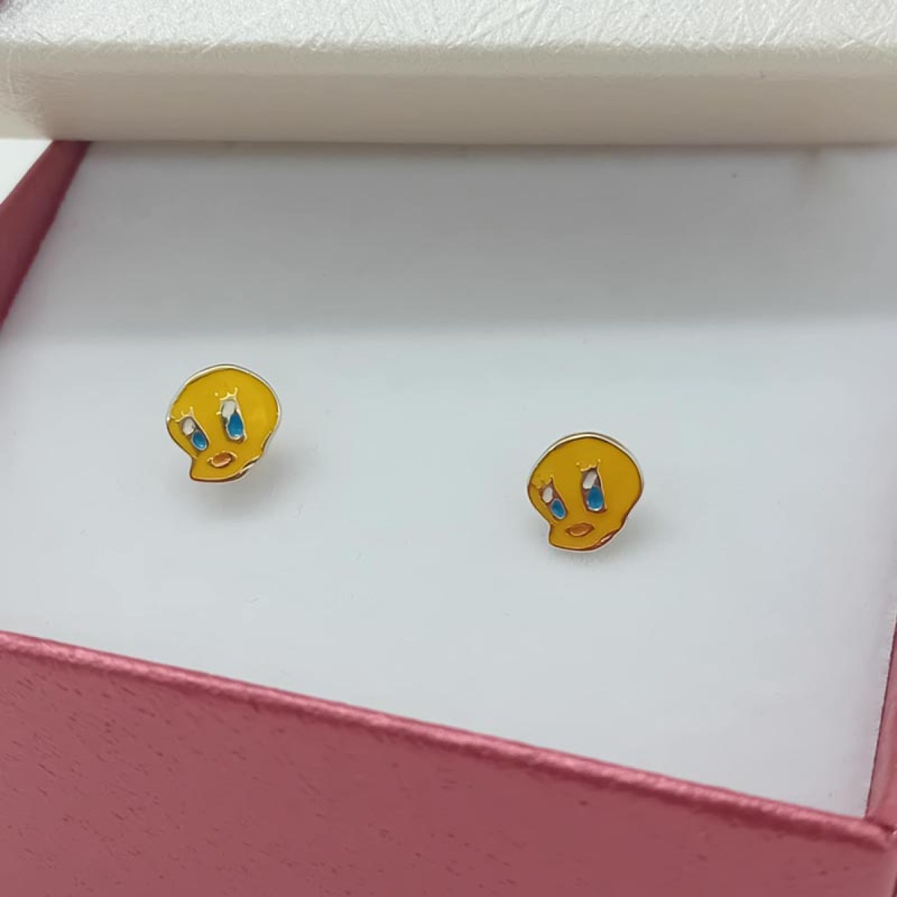 Χρυσά σκουλαρίκια  Κ14 με σμάλτο σχέδιο τουίτι