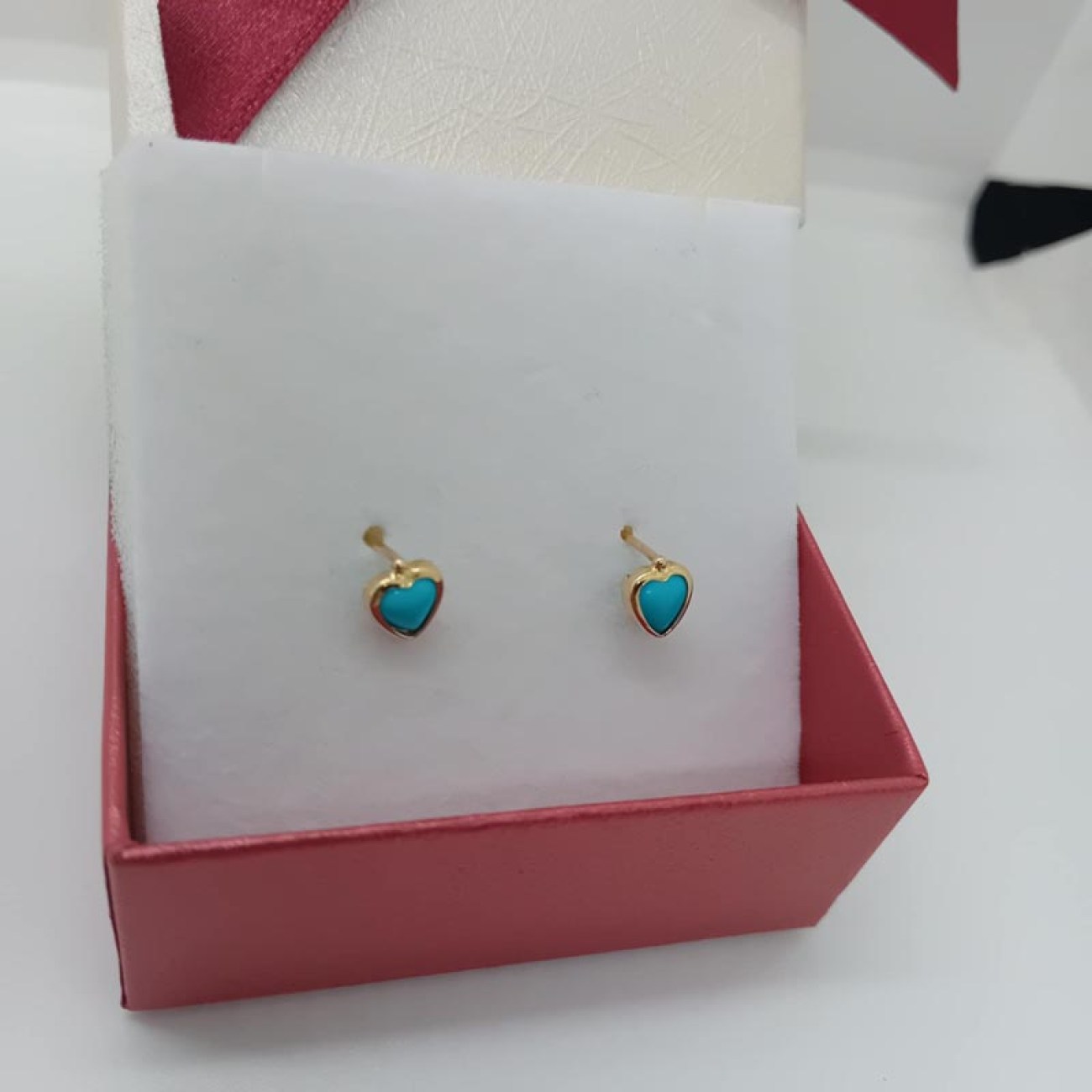 Χρυσά καρφωτά σκουλαρίκια Κ14 τυρκουάζ καρδιές