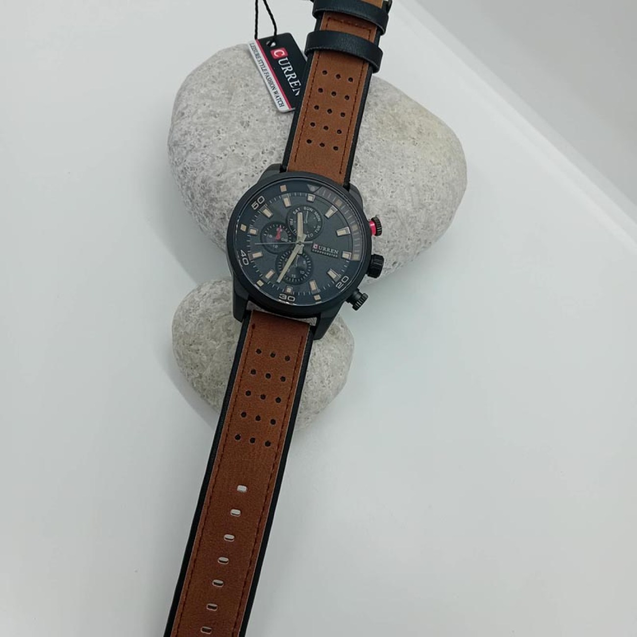 Ανδρικό ρολόι μαύρο με καφέ λουράκι